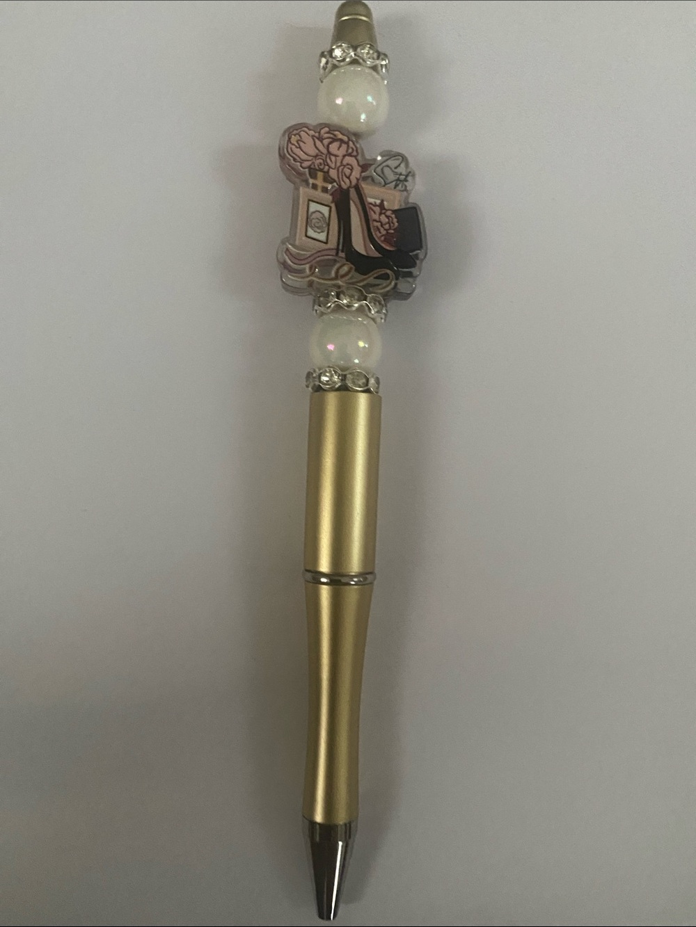 Hand Crafted Gold Ballpoint Pen with Pink and Pearl Accents